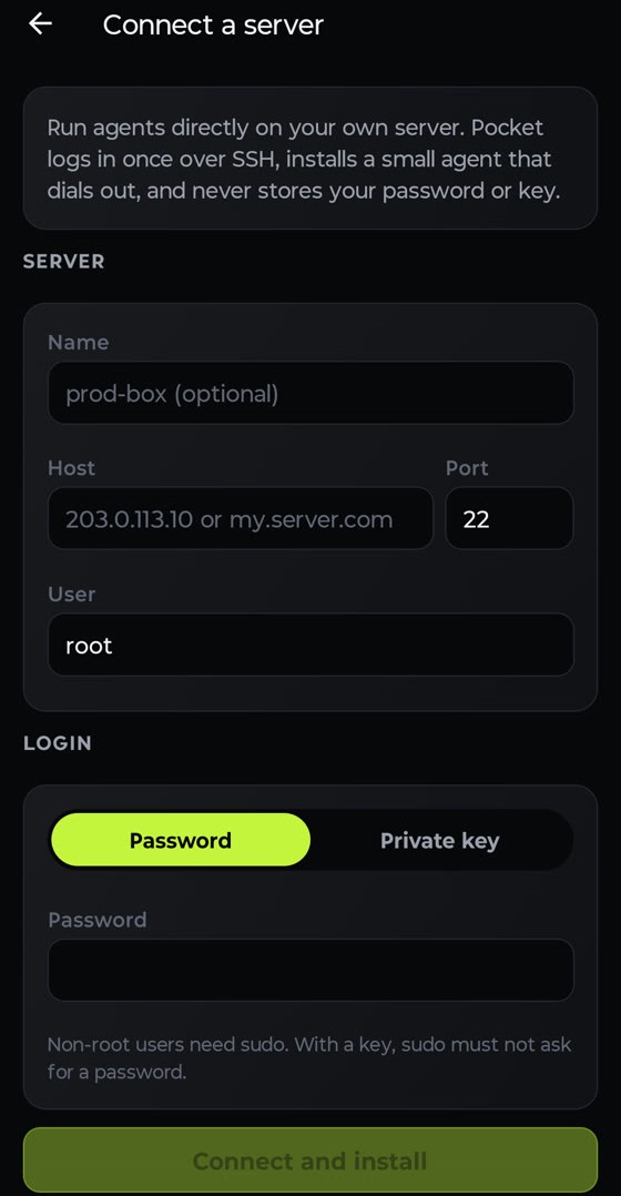 Connect a server form with host, user and password