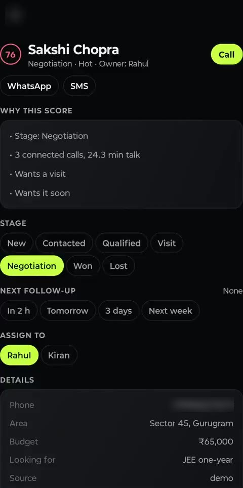Lead detail with the reasons behind its score