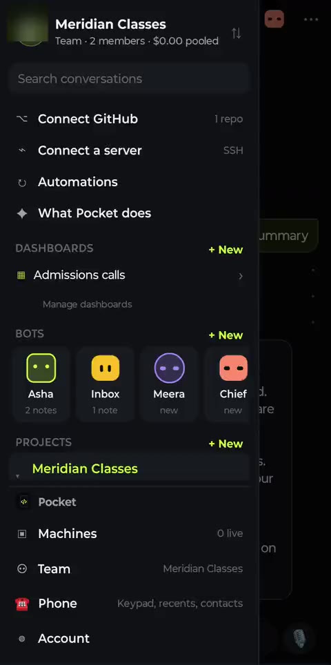 Pocket menu with the Dashboards section