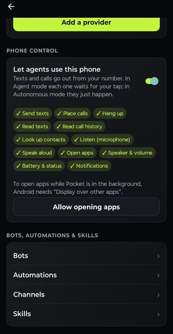 Granted phone capabilities shown as chips